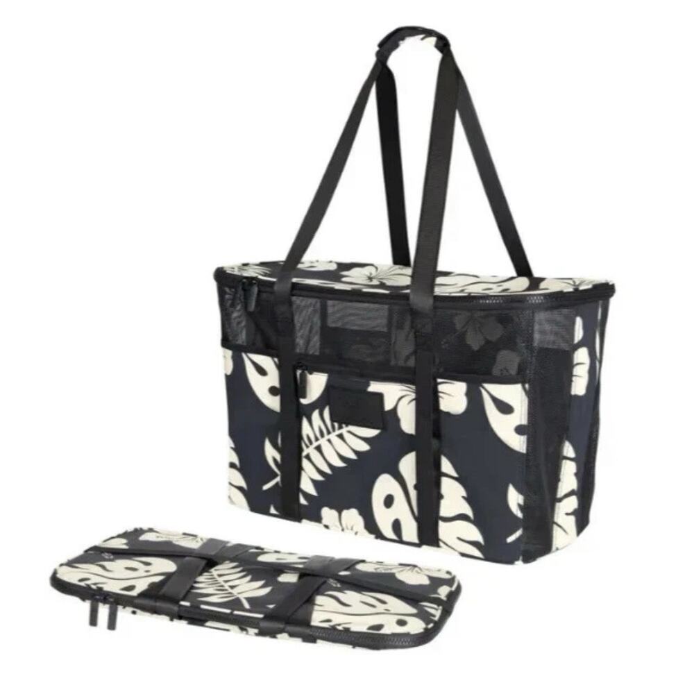 Aloha Beach Tote Floral Black/White Zip Top Double Handles Pouch Inner Pockets